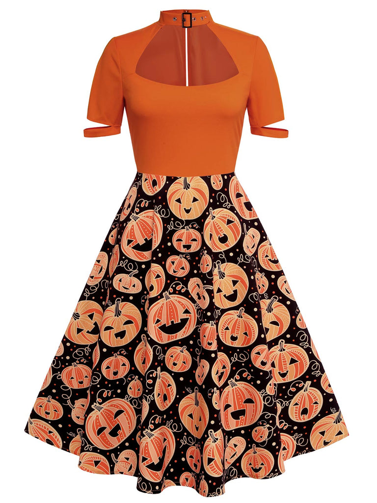 [Prevendita] Abito a ruota arancione anni '50 con motivo a zucche di Halloween