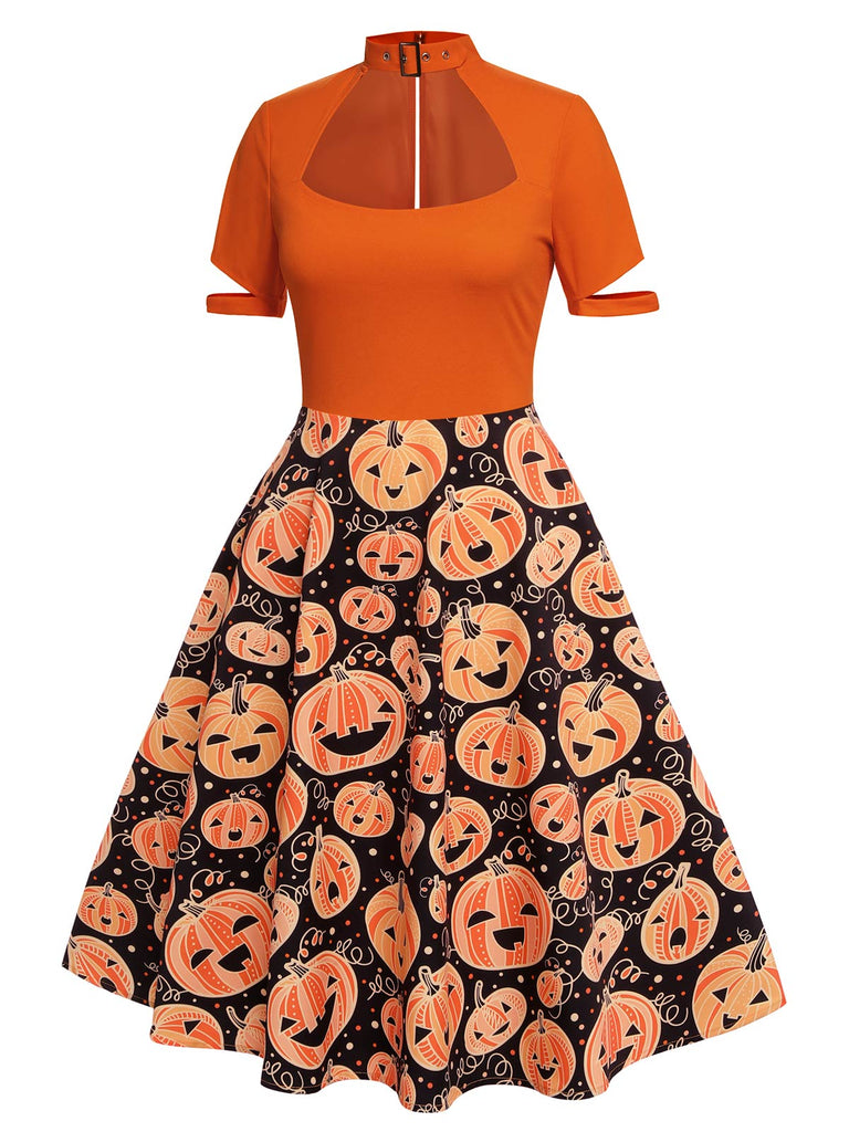 [Prevendita] Abito a ruota arancione anni '50 con motivo a zucche di Halloween