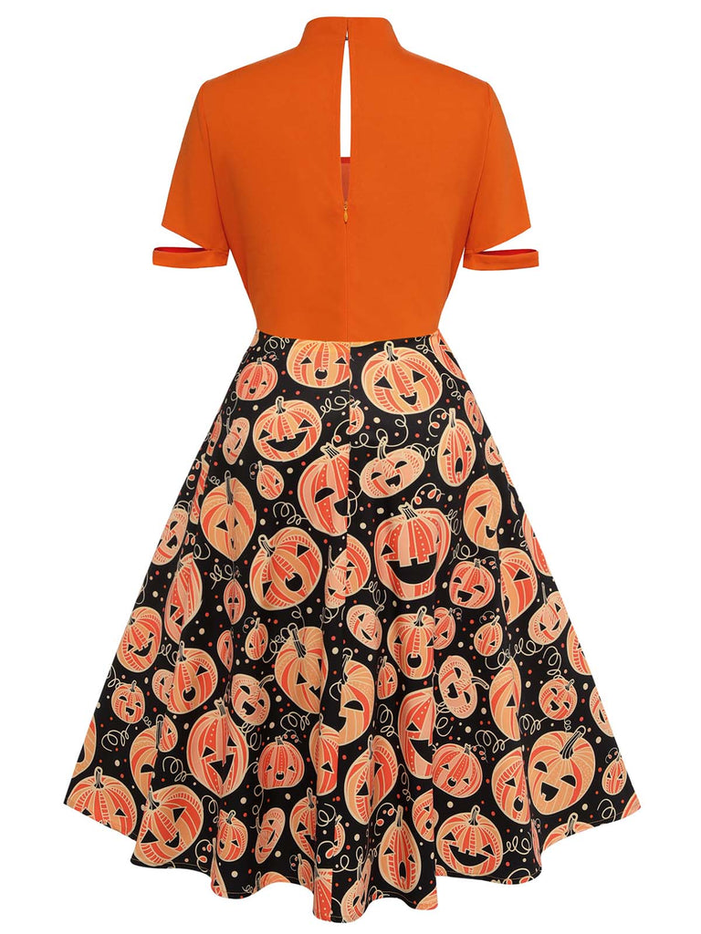 [Prevendita] Abito a ruota arancione anni '50 con motivo a zucche di Halloween