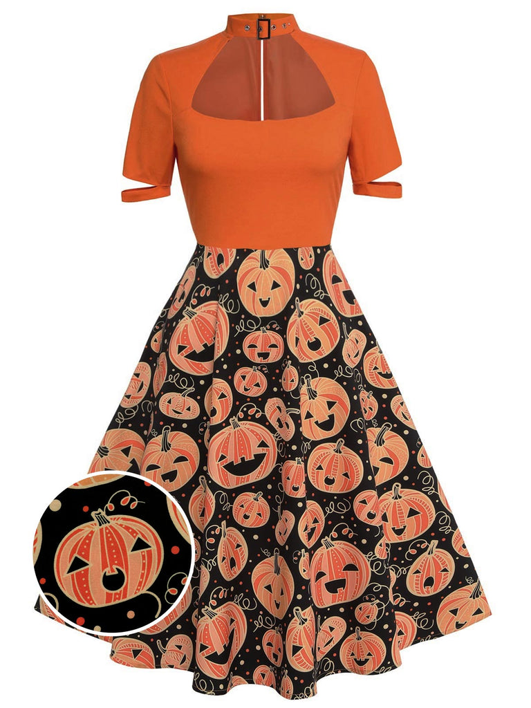 [Prevendita] Abito a ruota arancione anni '50 con motivo a zucche di Halloween