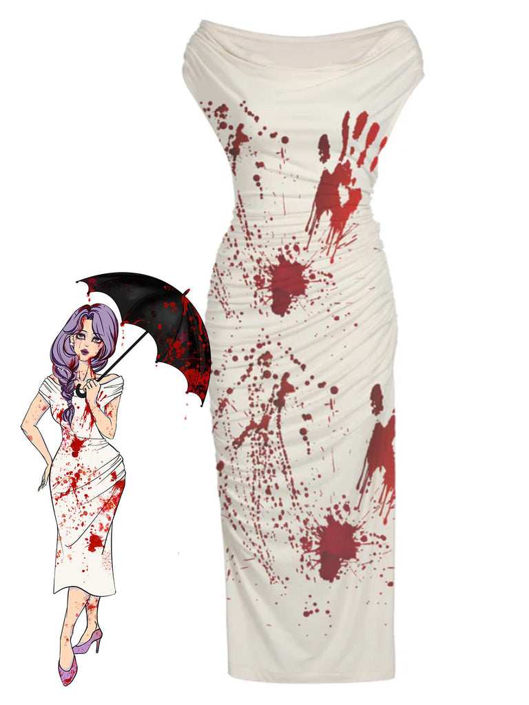 Abito a tubino con sangue Halloween bianco anni '60