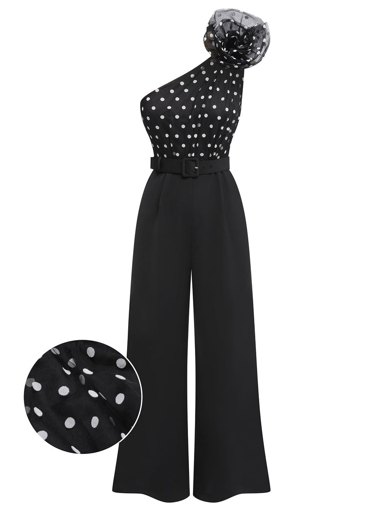 Tuta lunga monospalla patchwork a pois nero anni '30