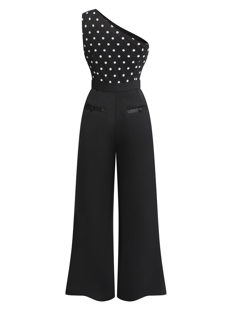 Tuta lunga monospalla patchwork a pois nero anni '30