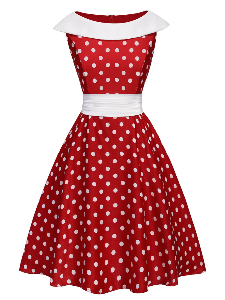 Abito a ruota patchwork a pois rosso anni '50
