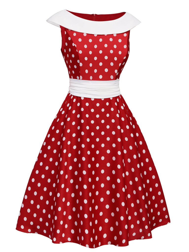Abito a ruota patchwork a pois rosso anni '50