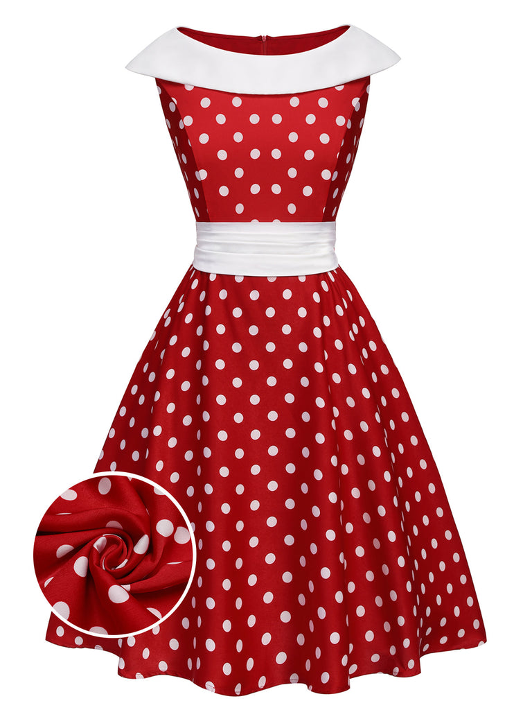 Abito a ruota patchwork a pois rosso anni '50