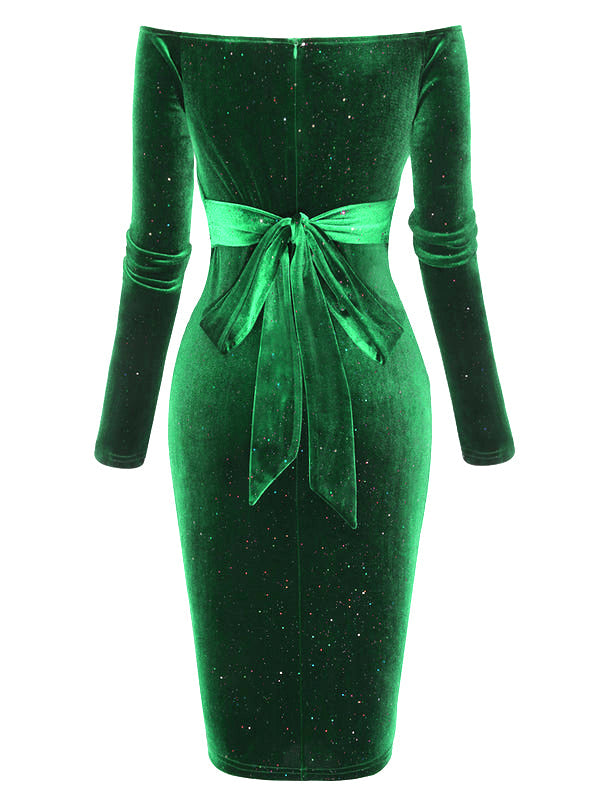 Abito in velluto a spalle scoperte verde scuro anni '60