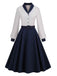 Abito patchwork con cintura blu e bianco anni '50