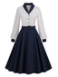 Abito patchwork con cintura blu e bianco anni '50