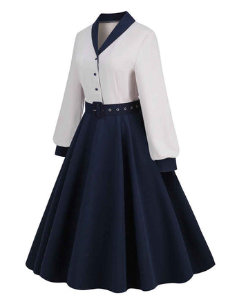 Abito patchwork con cintura blu e bianco anni '50