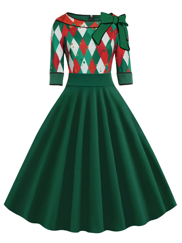 Abito a quadri patchwork natalizio verde anni '50