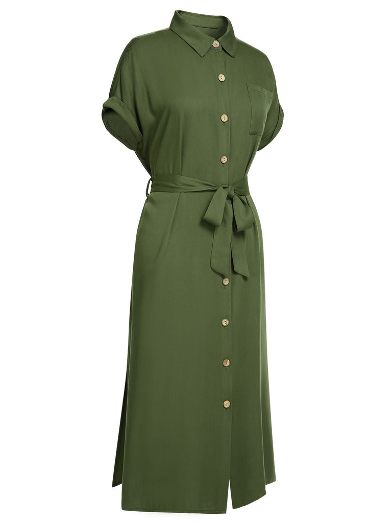 Abito con spacchi e cintura tinta unita verde anni '40
