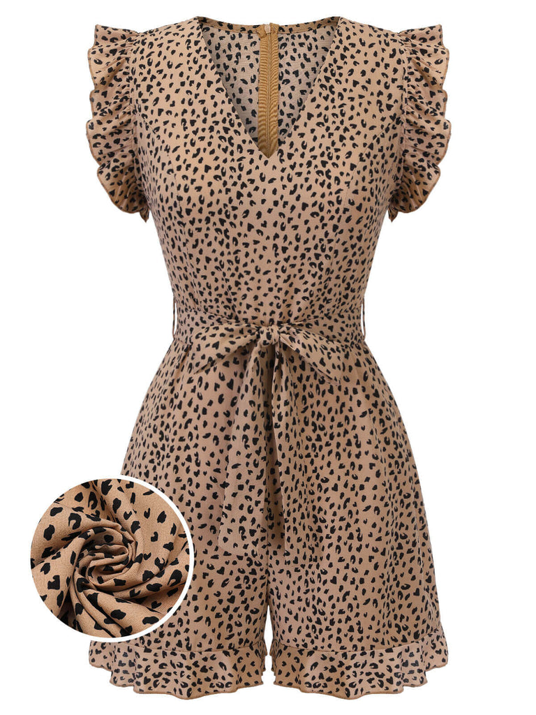 Tuta corta scollo a V maniche a sbuffo stampa leopardo anni '30