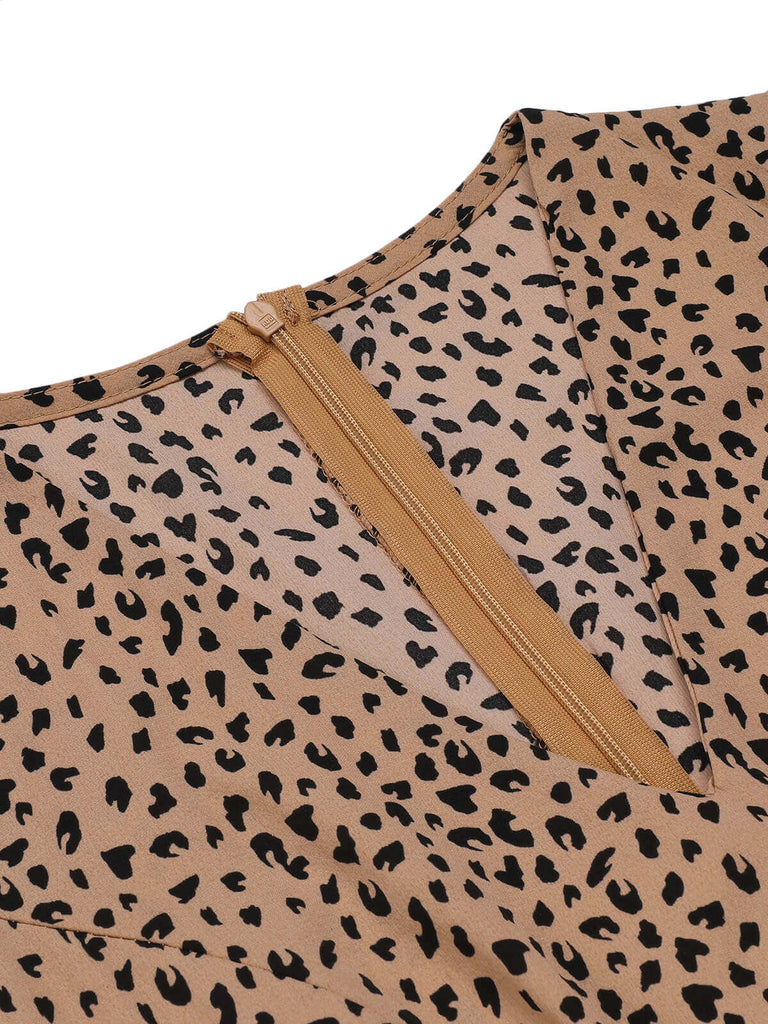 Tuta corta scollo a V maniche a sbuffo stampa leopardo anni '30