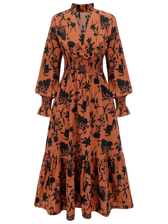 Abito floreale con scollo a V a vita alta arancione anni '50