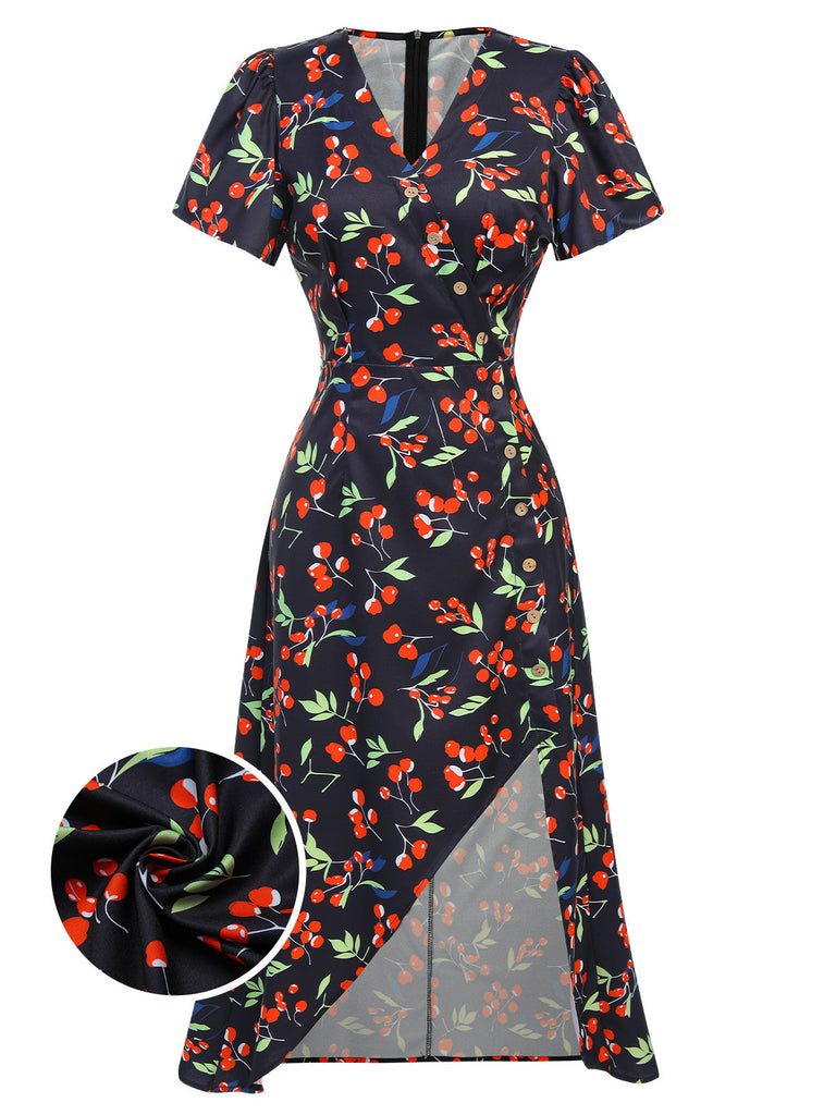 Abito floreale con scollo a V bottoni blu anni '40