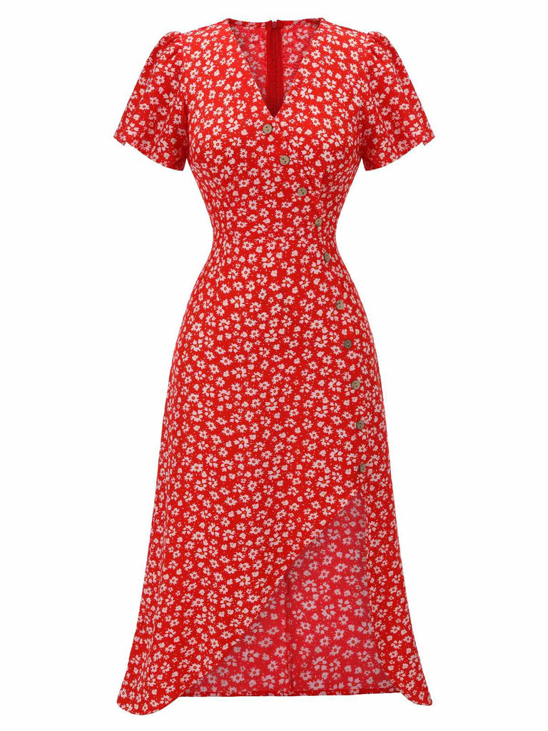 Abito floreale con scollo a V bottoni blu anni '40