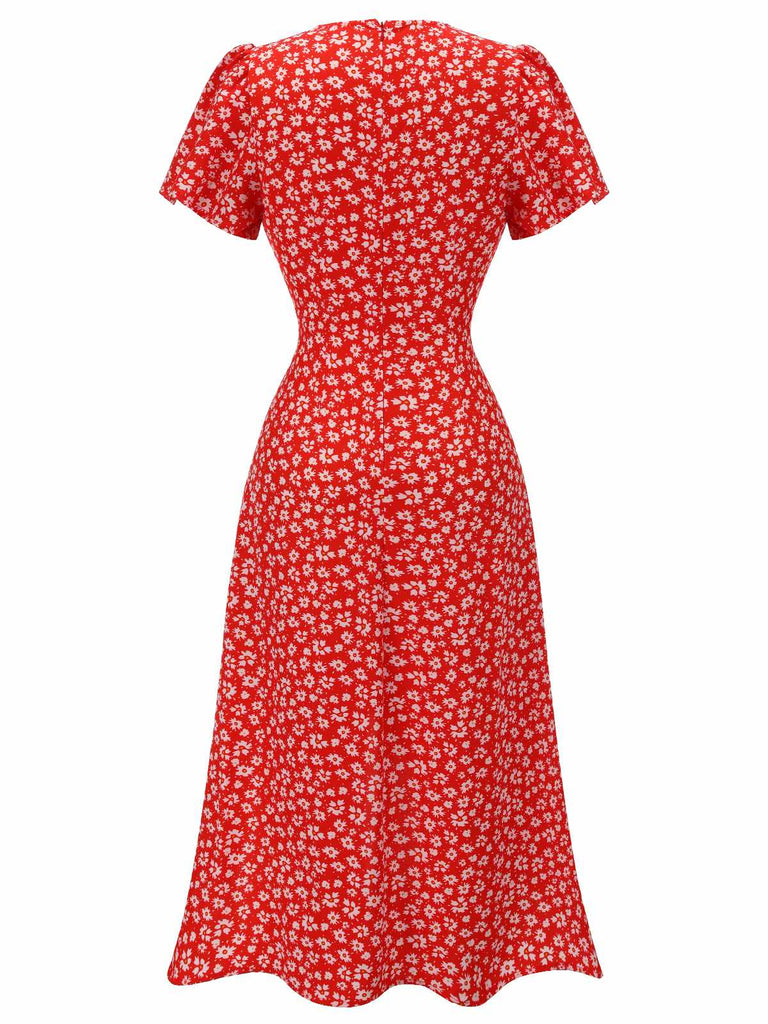 Abito floreale con scollo a V bottoni blu anni '40