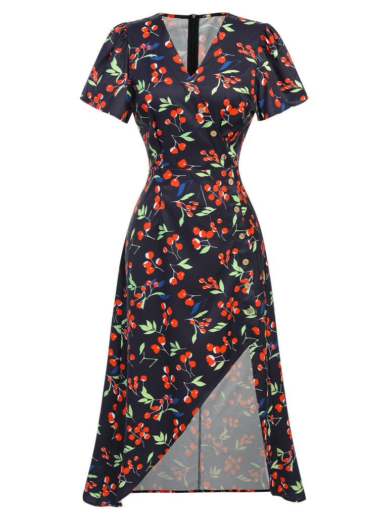 Abito floreale con scollo a V bottoni blu anni '40