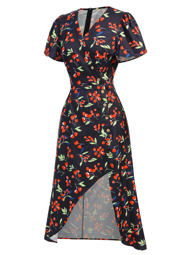 Abito floreale con scollo a V bottoni blu anni '40