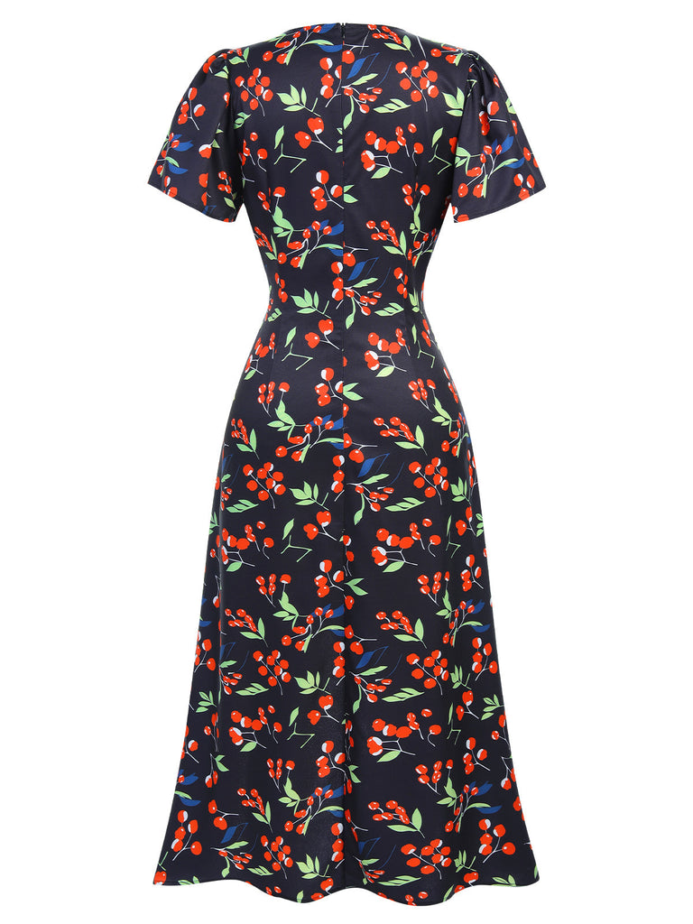 Abito floreale con scollo a V bottoni blu anni '40