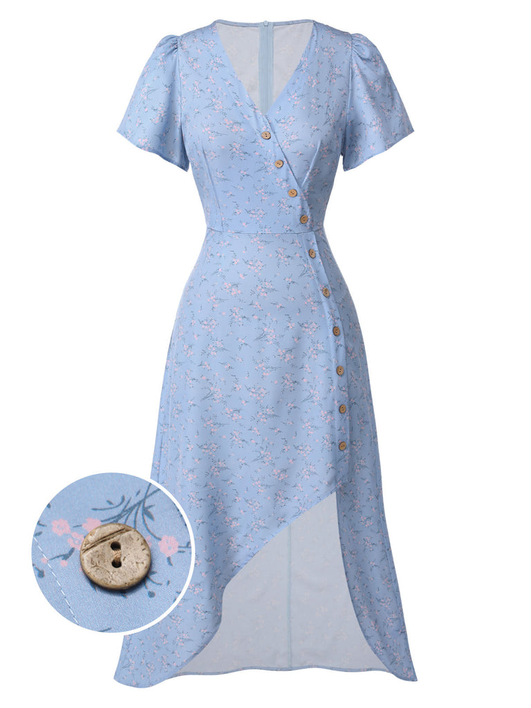 Abito floreale con scollo a V bottoni blu anni '40