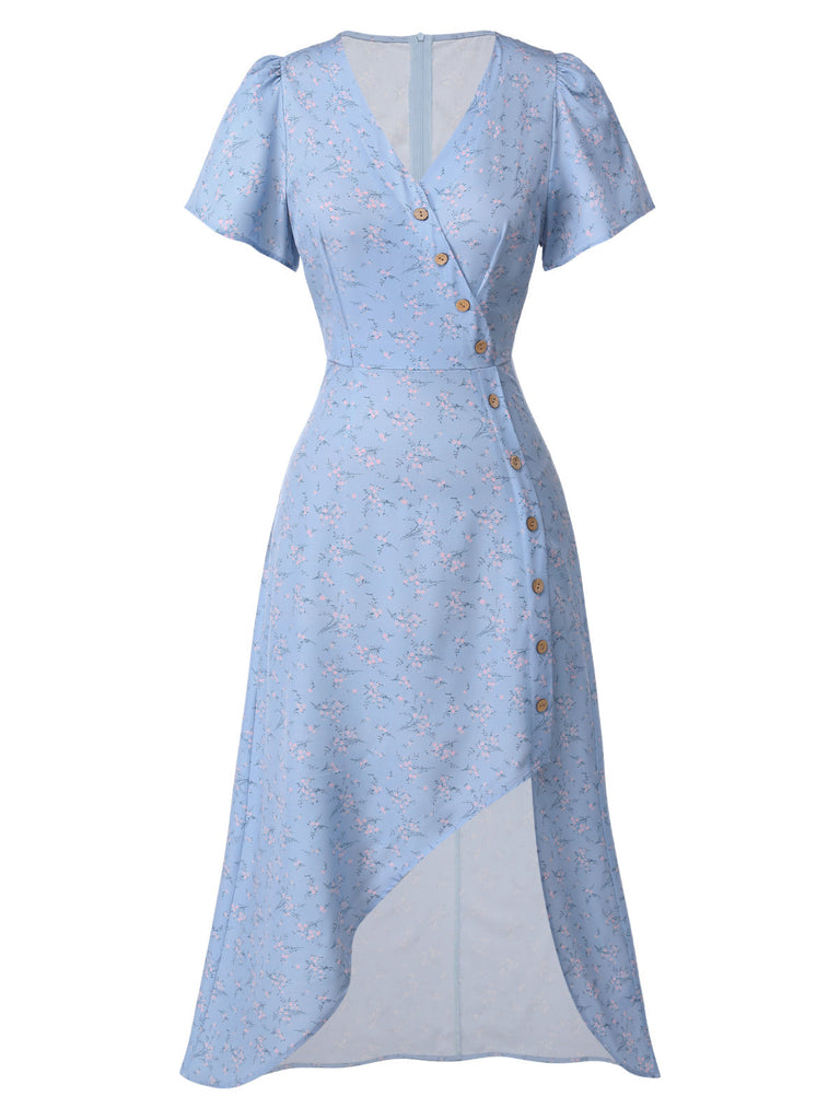 Abito floreale con scollo a V bottoni blu anni '40