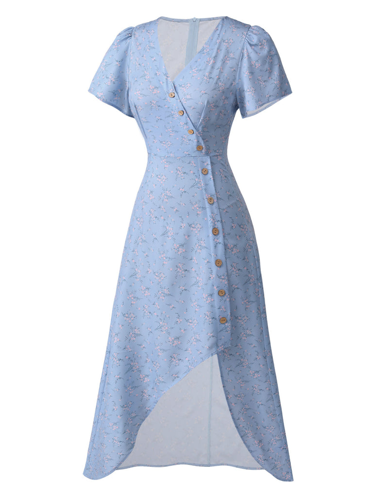 Abito floreale con scollo a V bottoni blu anni '40