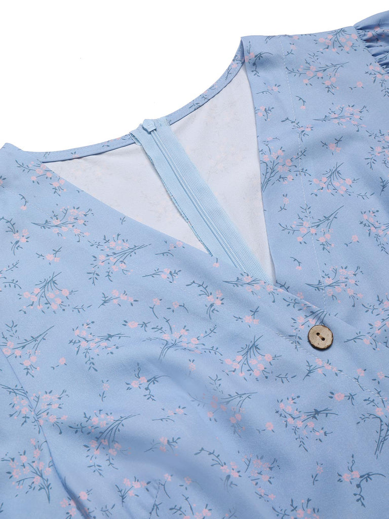 Abito floreale con scollo a V bottoni blu anni '40