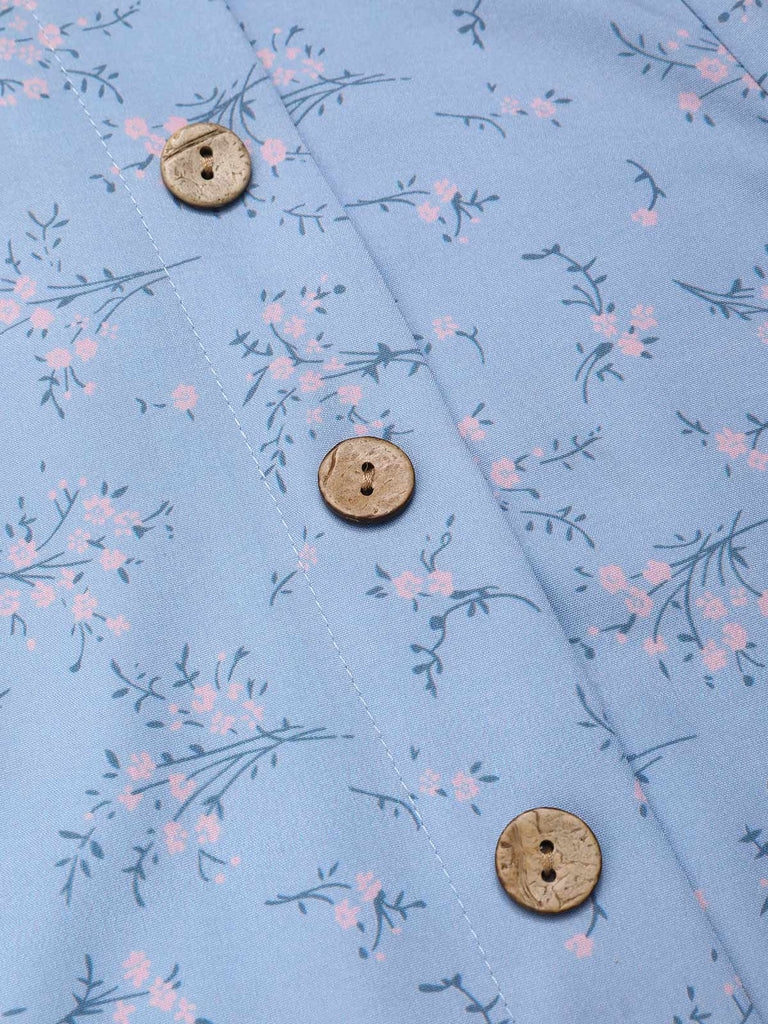 Abito floreale con scollo a V bottoni blu anni '40