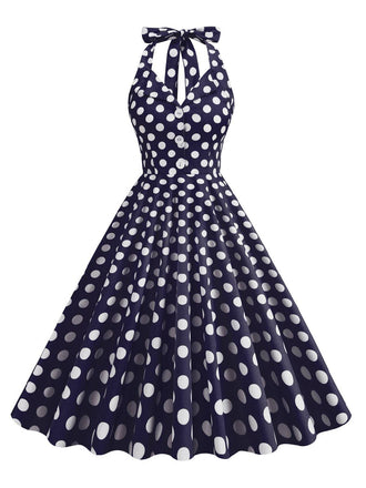 Abito scollo all'americana a pois blu navy anni '50