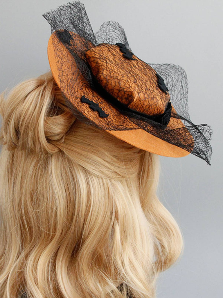 Cappello da pipistrello in pizzo retrò arancione Halloween