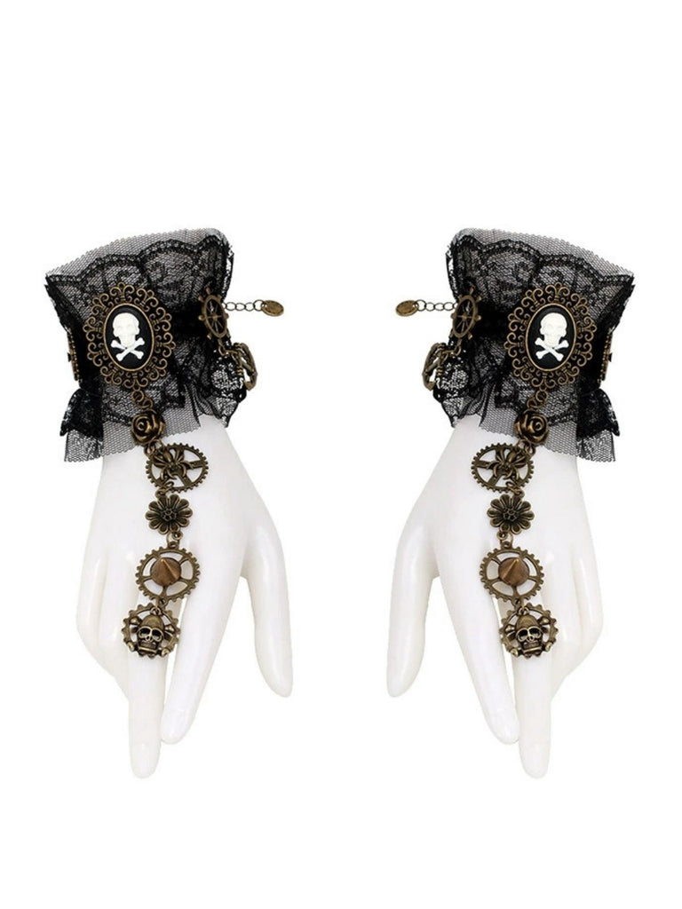 Braccialetto punk gotico in pizzo nero con anello