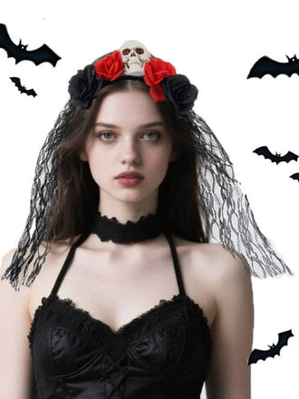 Fascia per capelli in pizzo con teschio e rose 3D