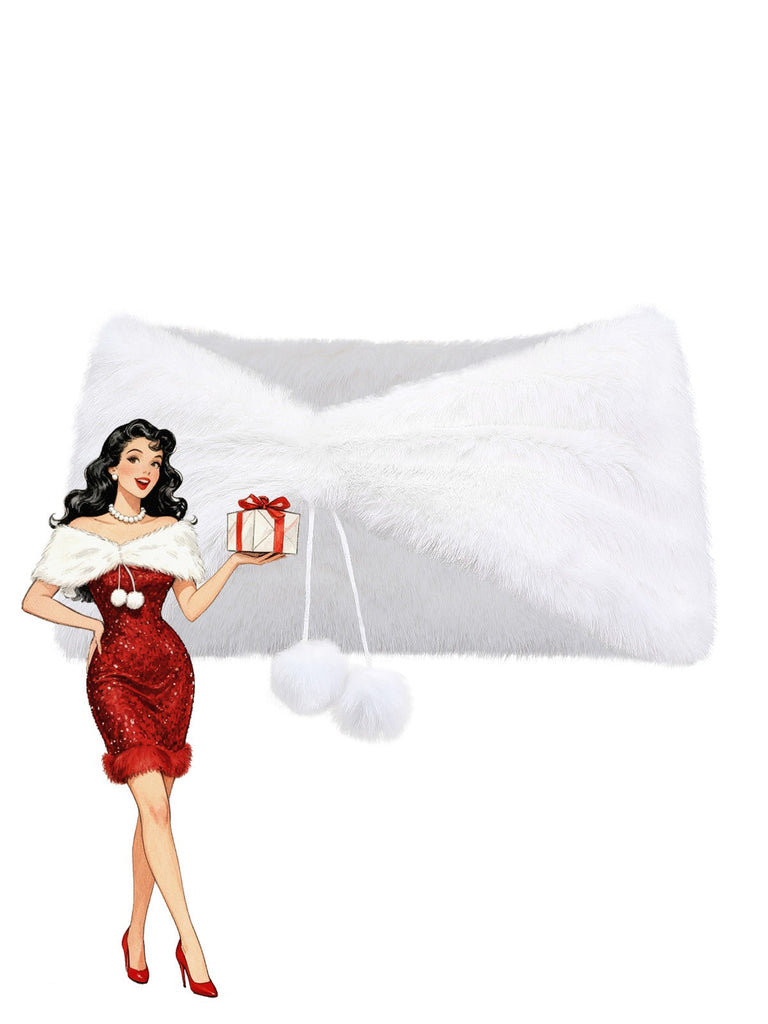 [Prevendita] Scialle con pompon in pelliccia sintetica bianco anni '70