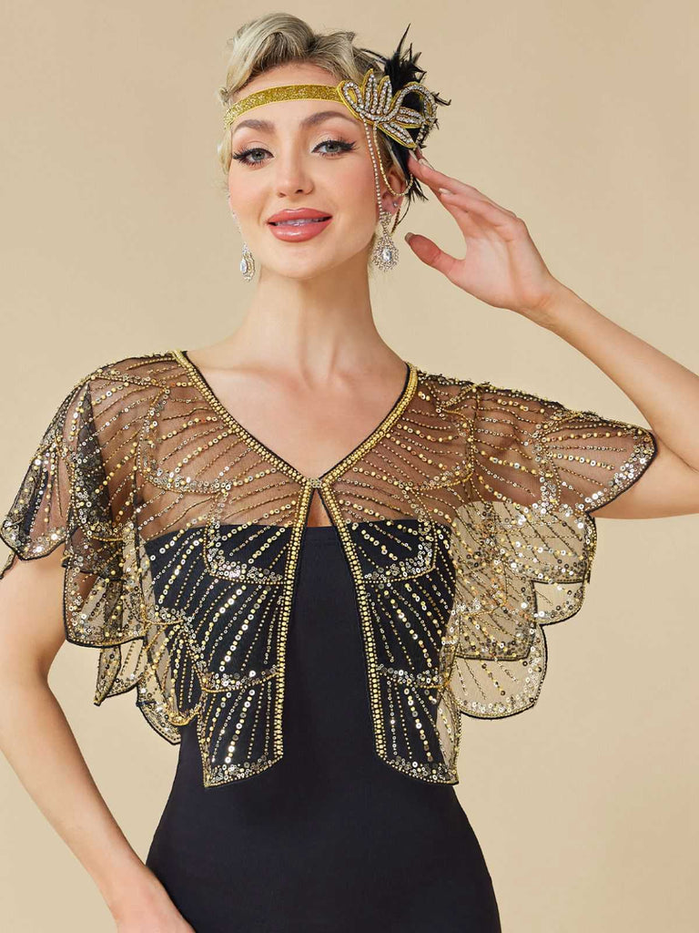[Prevendita] Mantella con orlo a petalo e paillettes in rete stile Gatsby anni '20