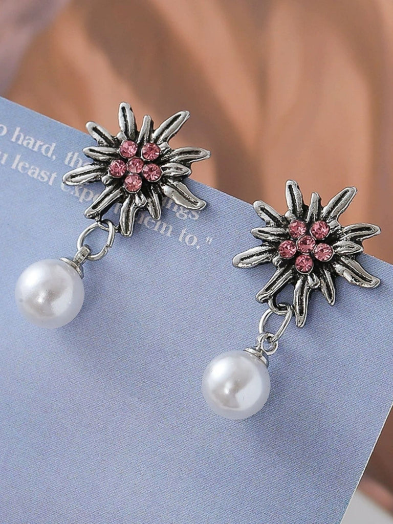 Orecchini Bianco Vintage Edelweiss Flower con Perle con Strass Pendenti 6