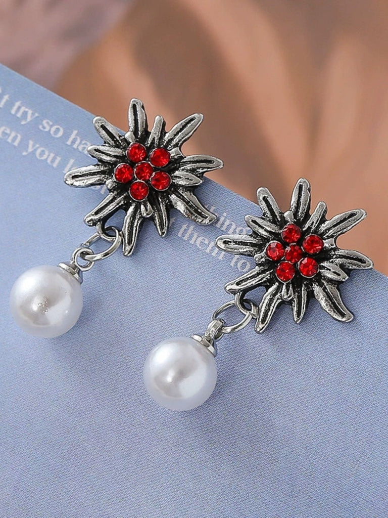 Orecchini Bianco Vintage Edelweiss Flower con Perle con Strass Pendenti 3