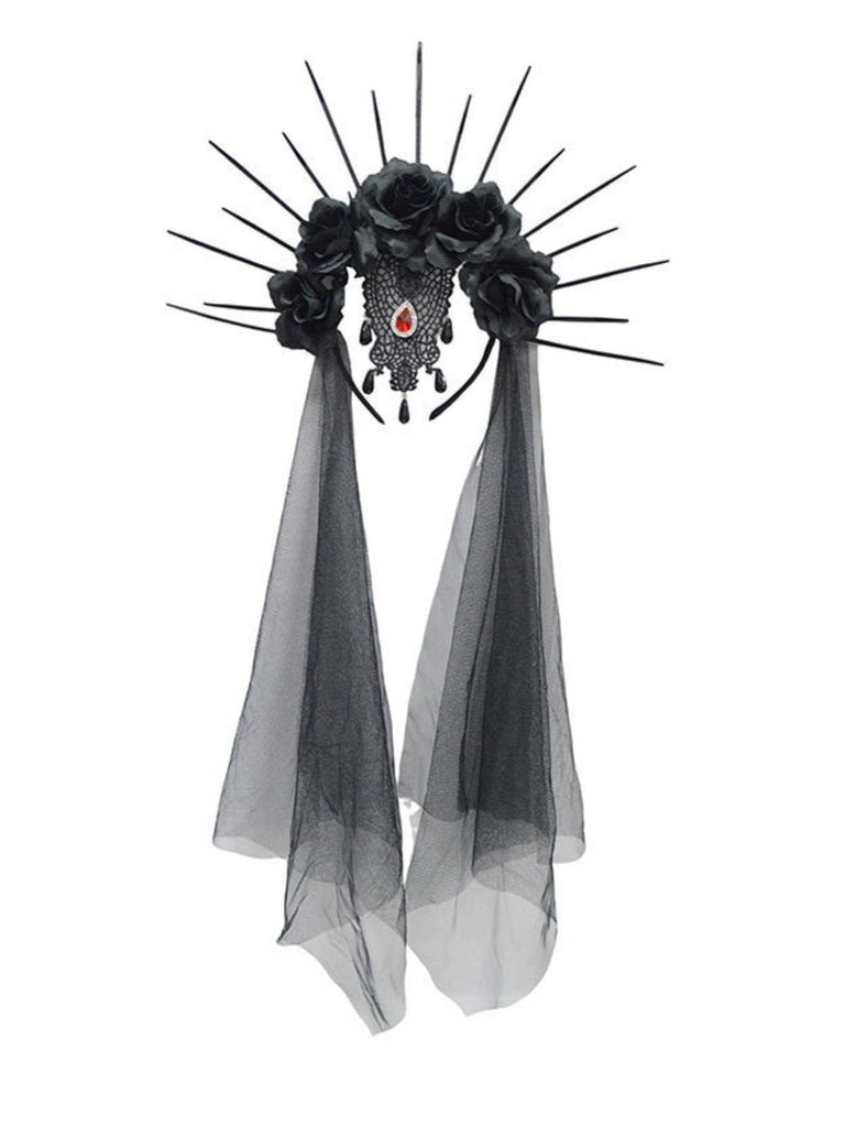 Accessori Nero Gotico Rose Veil Headpiece con Spikes
