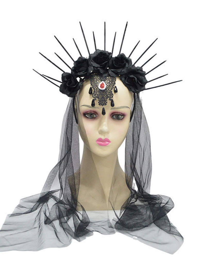 Accessori Nero Gotico Rose Veil Headpiece con Spikes 2