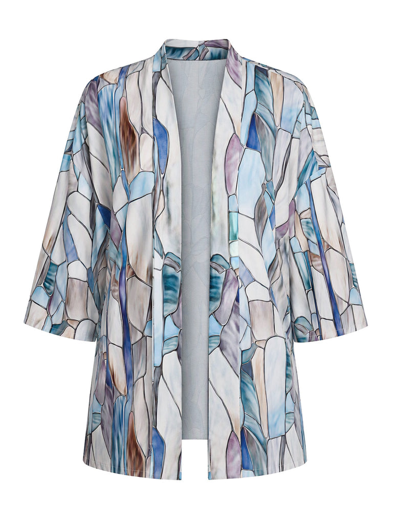 [Prevendita] Cardigan Kimono Multicolore Anni '70 con Stampa Geometrica Effetto Vetrata e Apertura Frontale