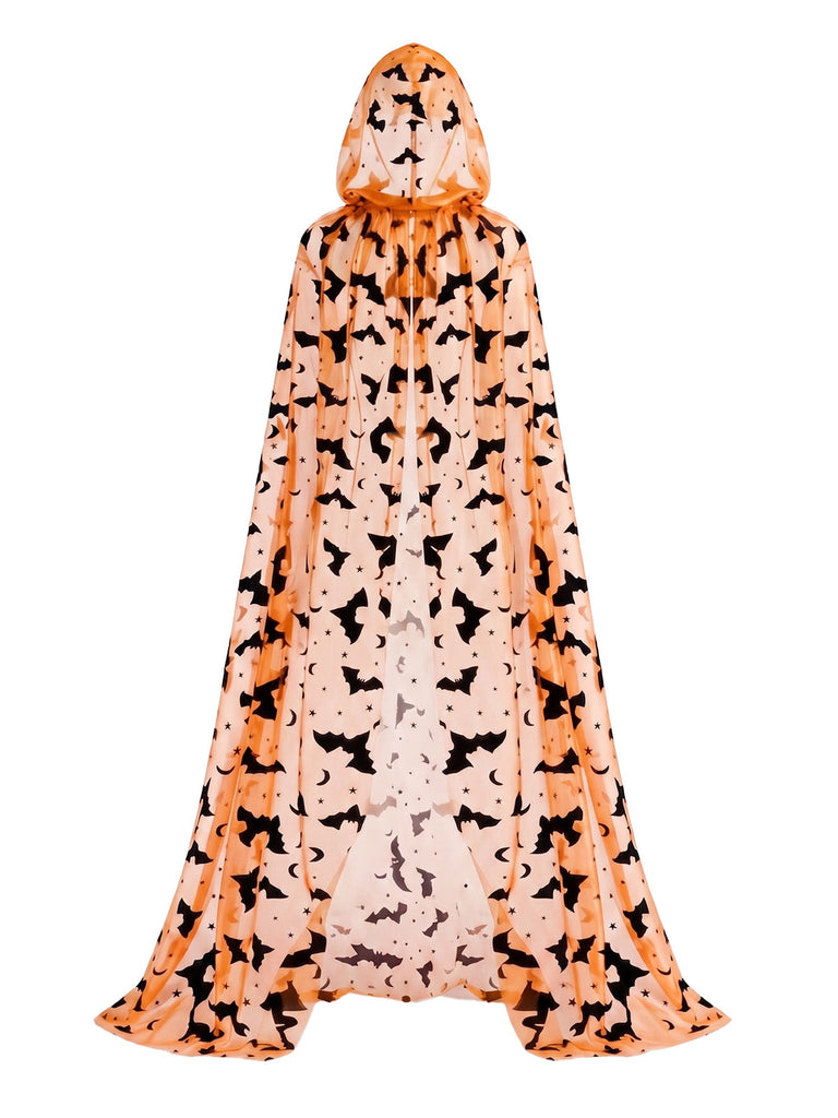 Mantello Arancione Anni '30 di Halloween Pipistrello Stampa Mantello Lungo con Cappuccio 4