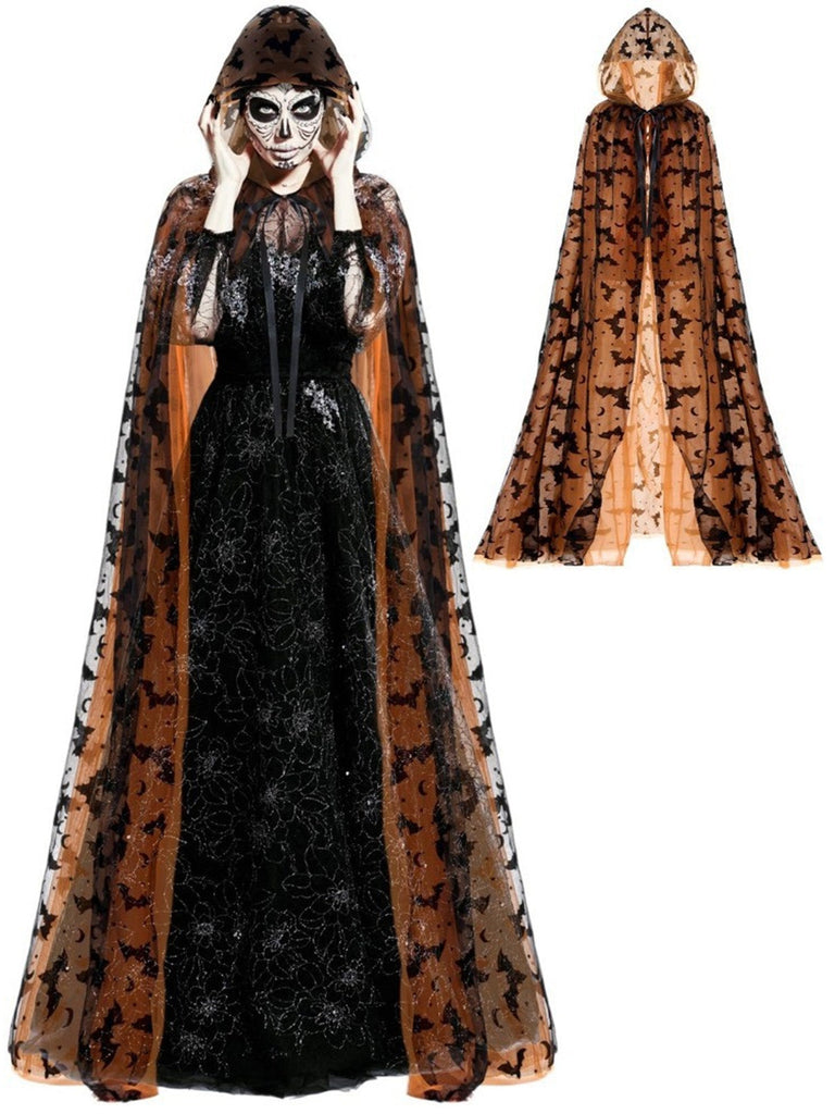 Mantello Arancione Anni '30 di Halloween Pipistrello Stampa Mantello Lungo con Cappuccio 2