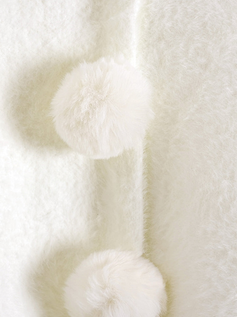 Bianco con Bordi in Pelliccia Sintetica con Pompon Mantella Anni '30