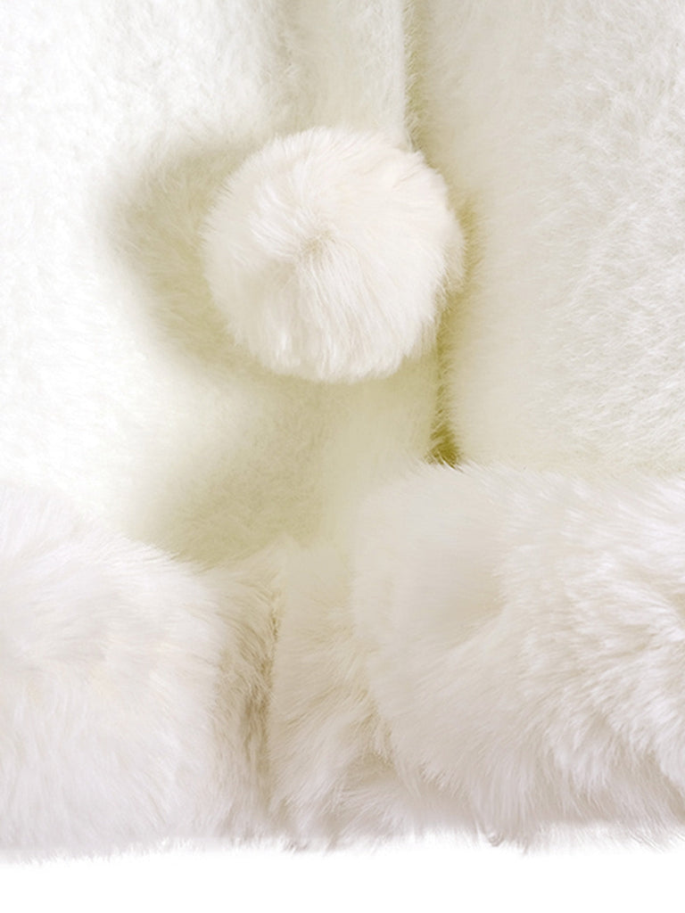 Bianco con Bordi in Pelliccia Sintetica con Pompon Mantella Anni '30