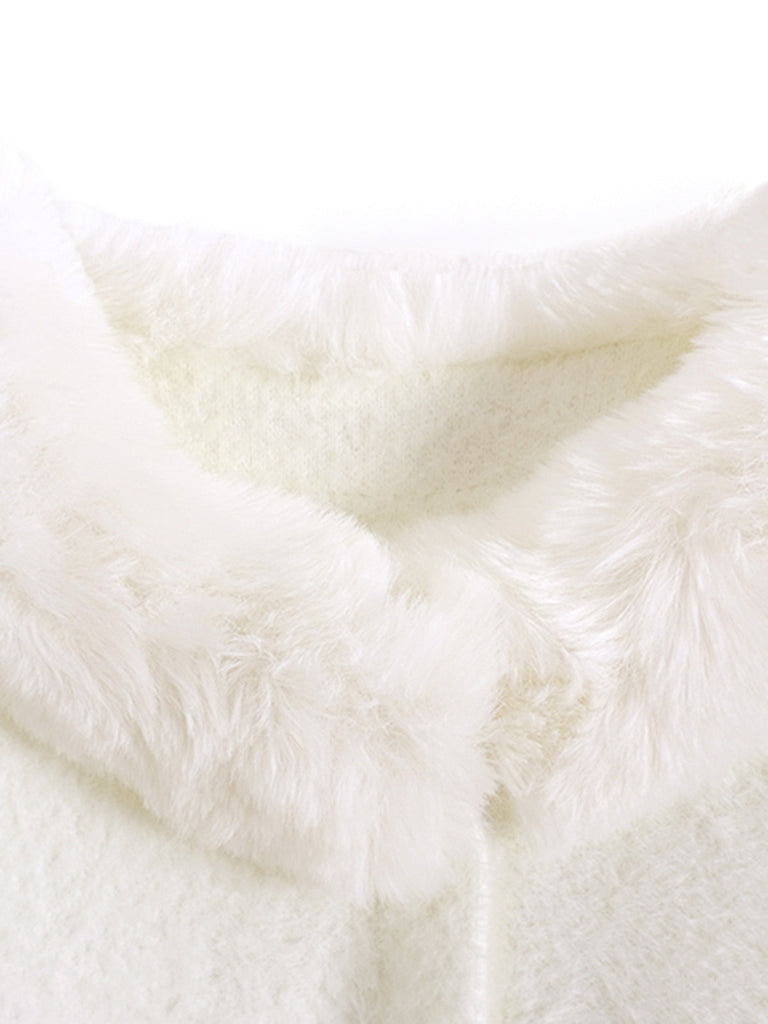 Bianco con Bordi in Pelliccia Sintetica con Pompon Mantella Anni '30