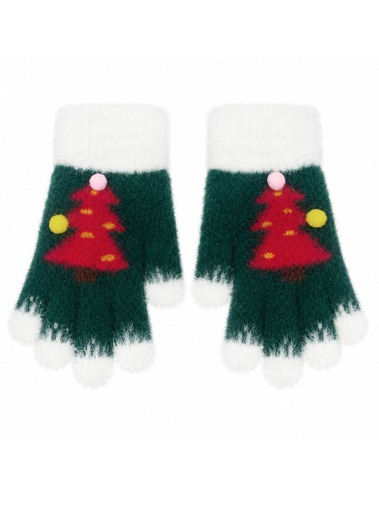Guanti Natalizi in Maglia Senza Dita con Albero di Natale e Pompon