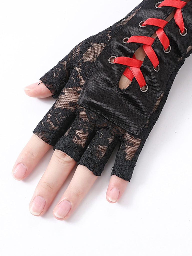 Guanti punk con lacci e mezze dita per feste Halloween