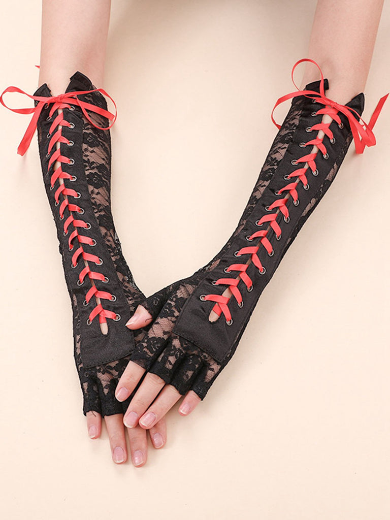 Guanti punk con lacci e mezze dita per feste Halloween