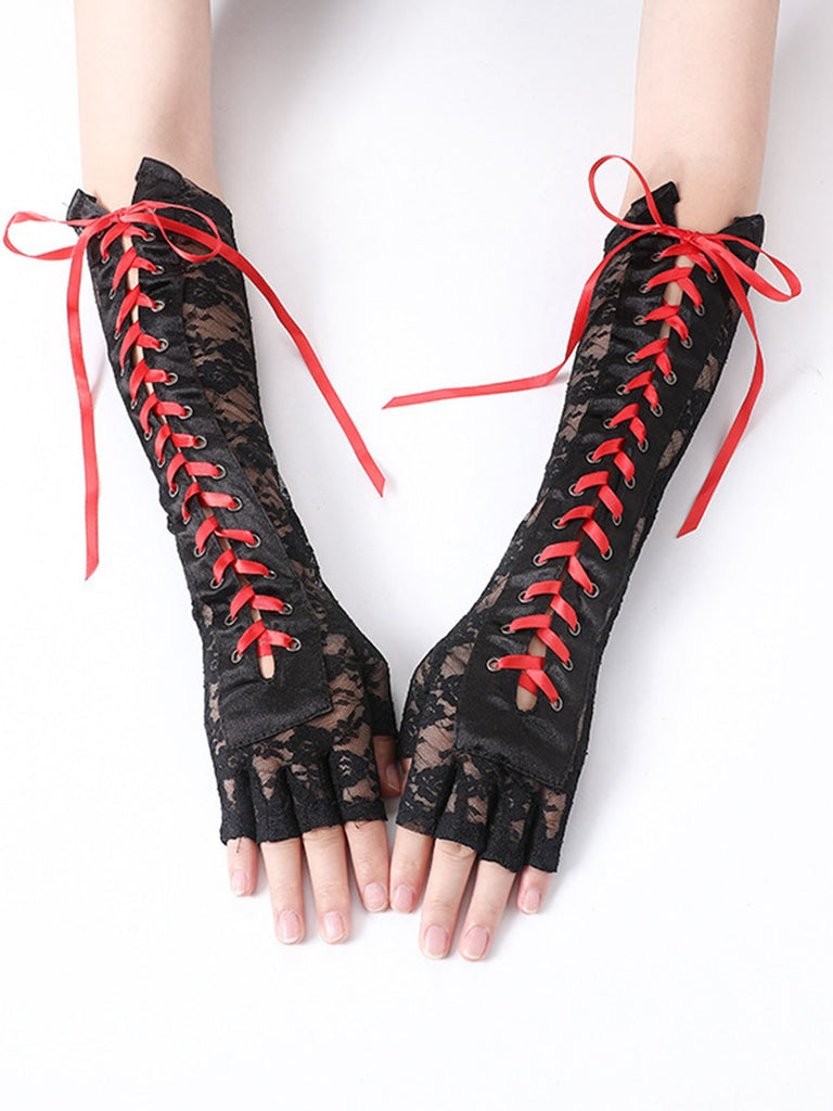 Guanti punk con lacci e mezze dita per feste Halloween